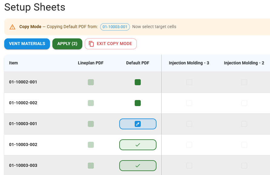 Copy BOM and setup sheets